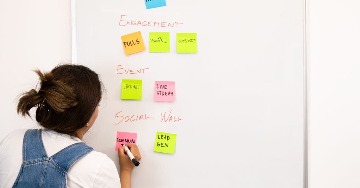 A woman plans a project on a whiteboard, grouping coloured sticky notes under headings such as engagement, event and social wall.