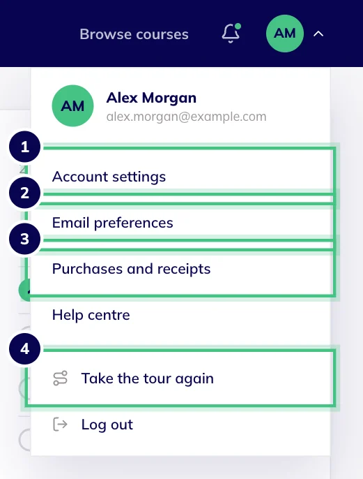 The account menu open from your initials at the top right, listing settings, email preferences, purchases, the help centre, the tour and log out.