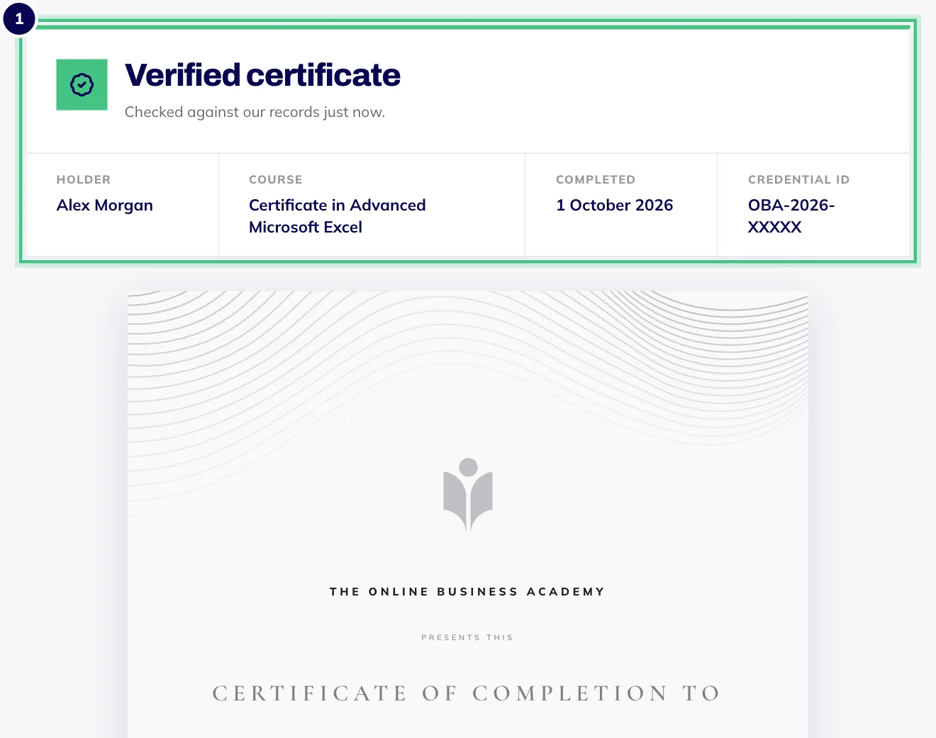 The public certificate page: a Verified certificate panel with the holder, course, completion date and credential ID above the certificate itself.