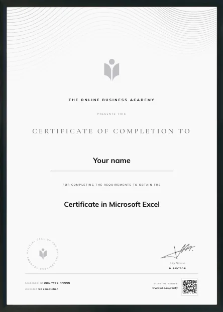 A sample OBA certificate of completion in its frame, with the learner name, the course, the signature and a QR code.