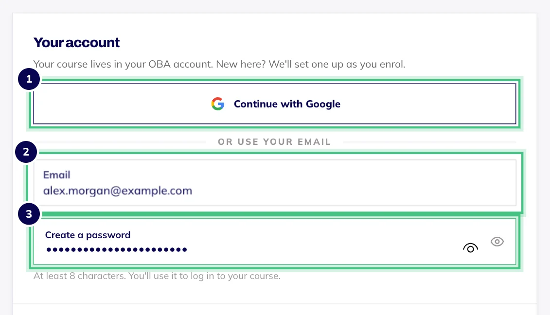 The Your account section of checkout, with an email typed in and the Create a password box that appears for a new email.