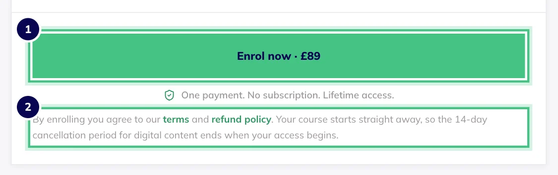 The Enrol now button at the bottom of checkout, with the statement about instant access printed under it.