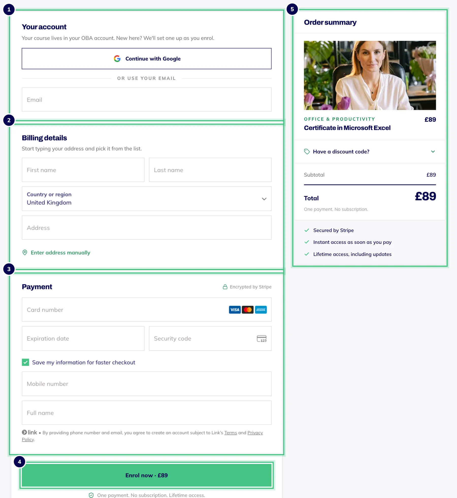 The OBA checkout page: your account, billing details and payment on the left, the order summary on the right.