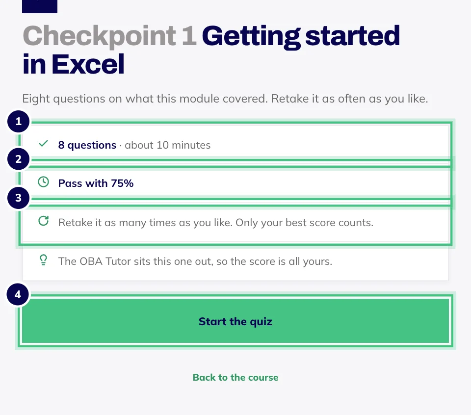 A module checkpoint before it starts: the number of questions, the pass mark, the retake rule and the Start the quiz button.