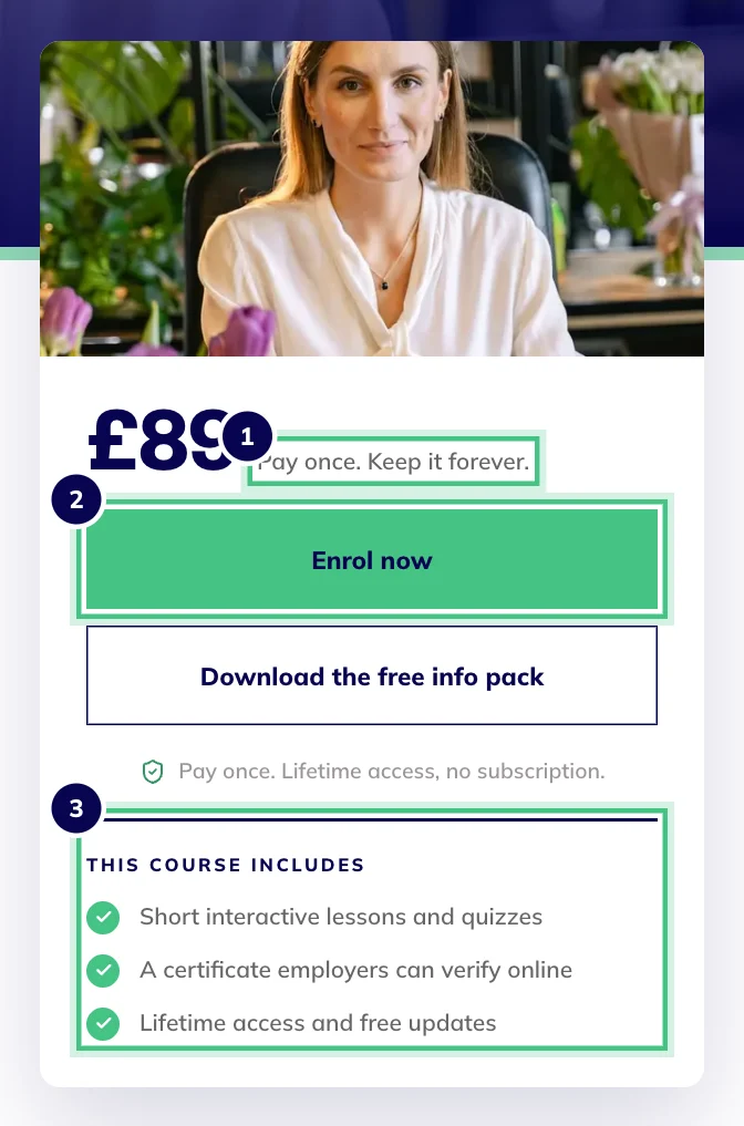 The enrol panel on the Microsoft Excel course page, showing the price, the Enrol now button and what the course includes.