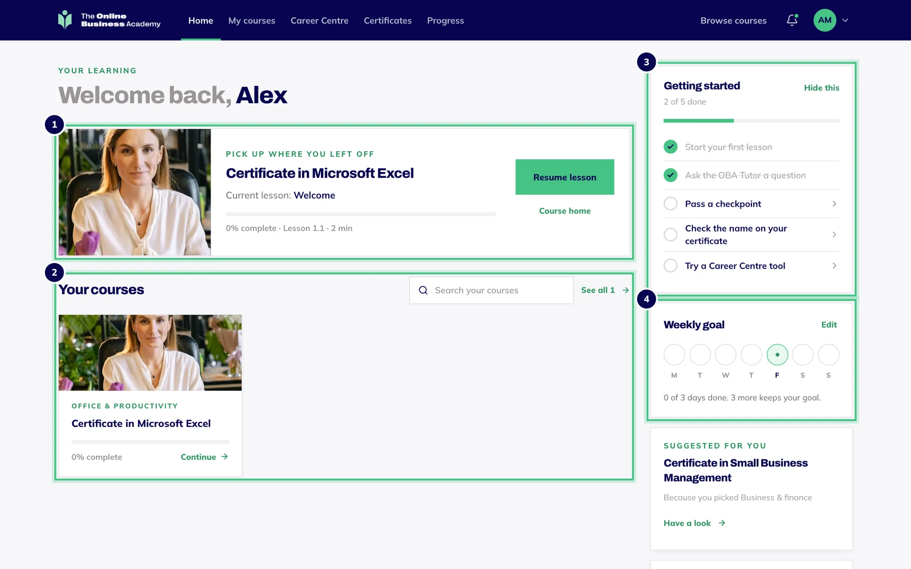 The OBA dashboard: the course to pick up, your courses, the getting started checklist, your weekly goal and a suggested course.