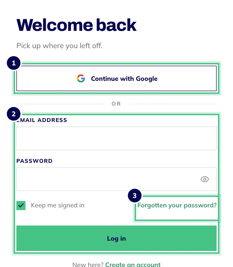 The OBA login page with Continue with Google, email and password boxes, and the Forgotten your password link.