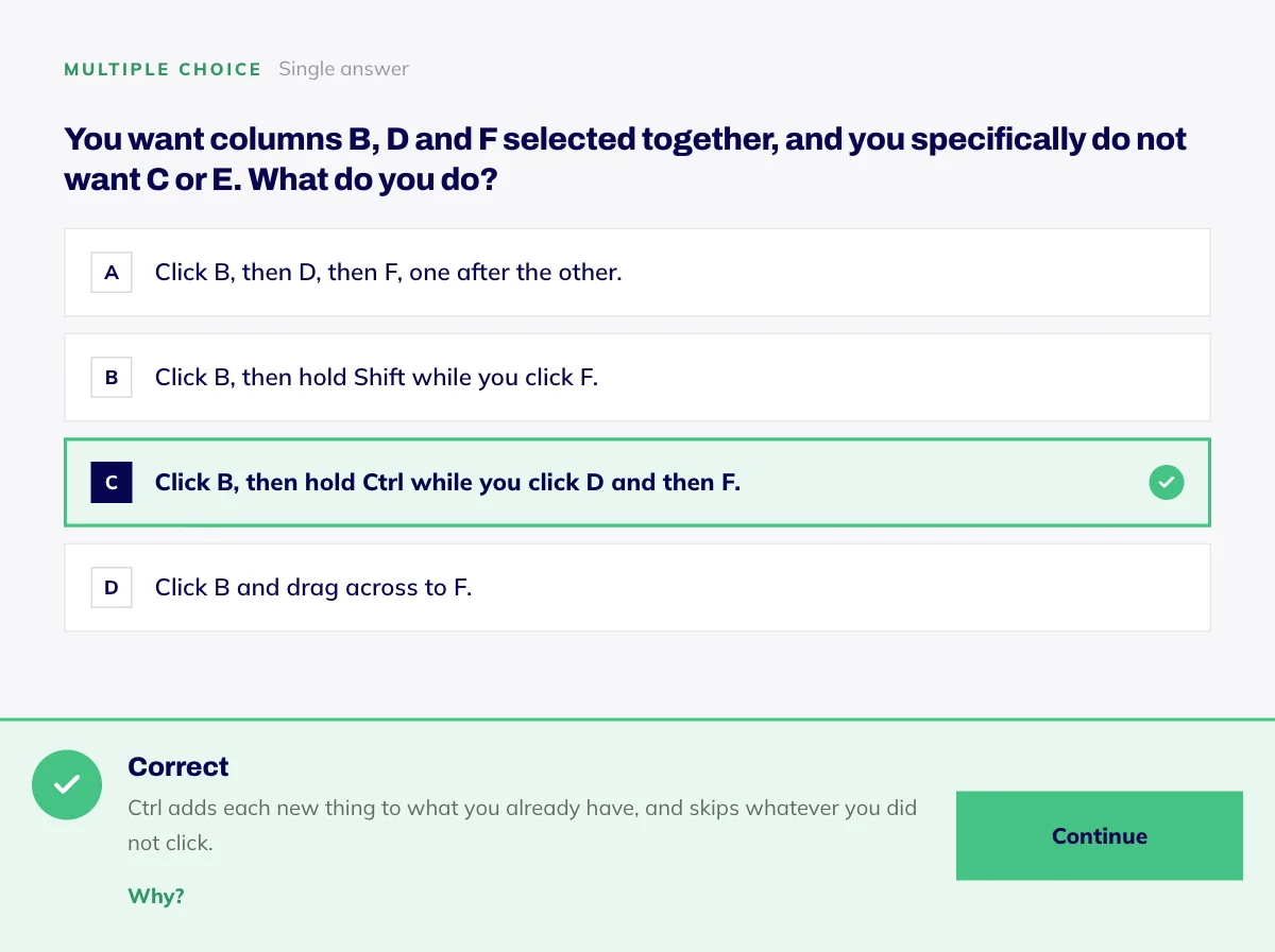 After a right answer: the answer is marked correct with a short explanation and a Continue button.