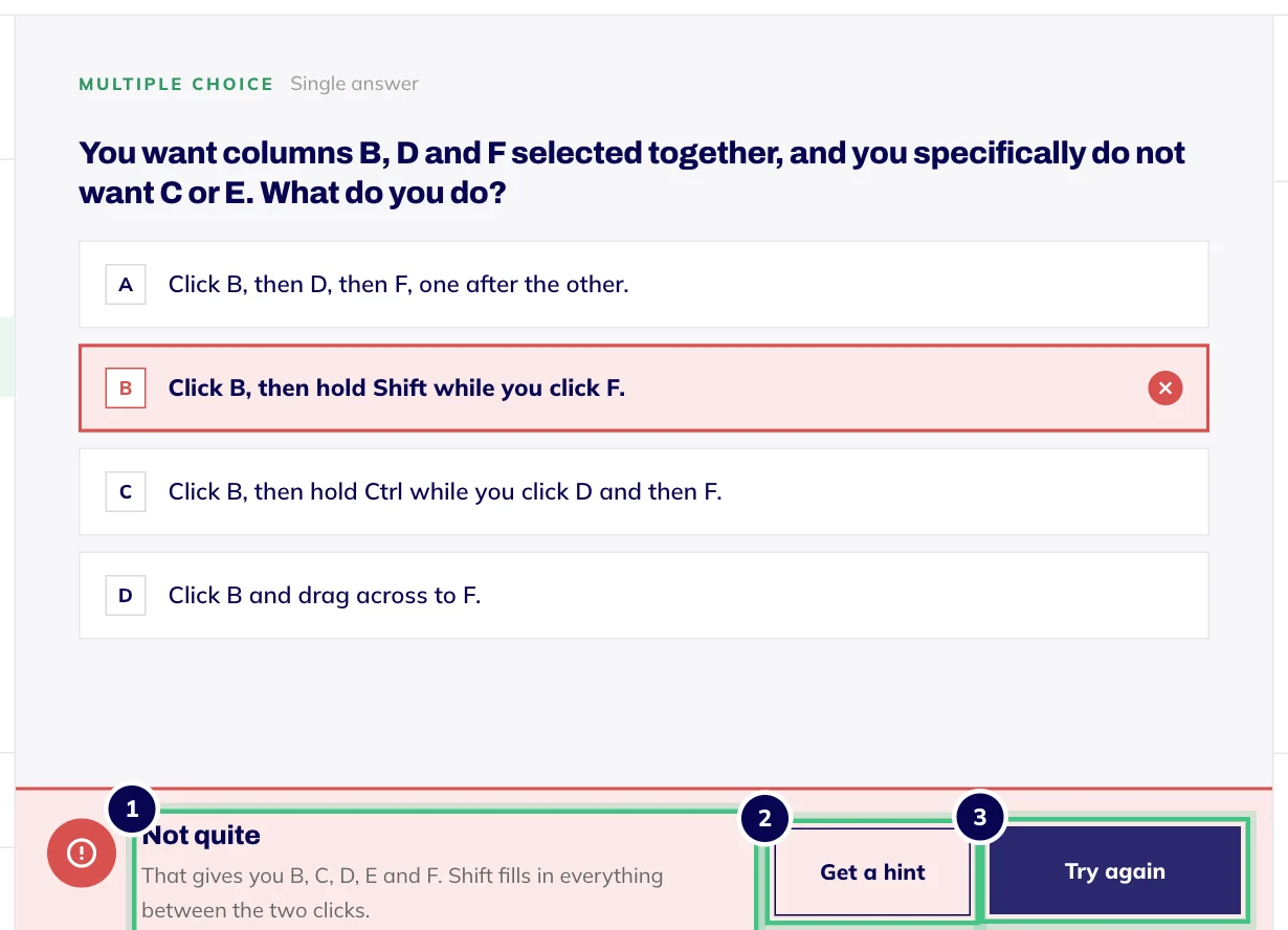 After a wrong answer: a Not quite message explains the slip, with Get a hint and Try again buttons.