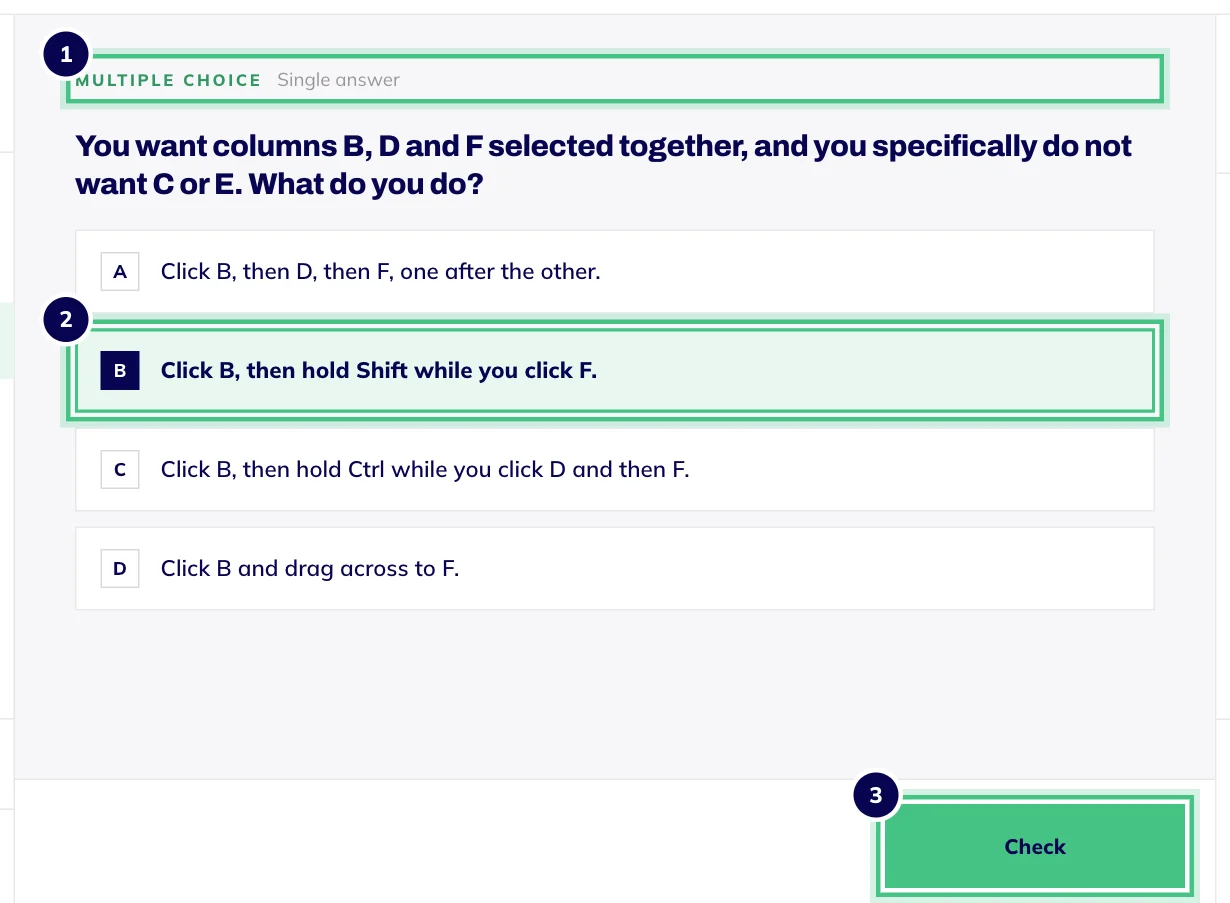 A multiple choice practice question in a lesson, with one answer picked and the Check button ready.