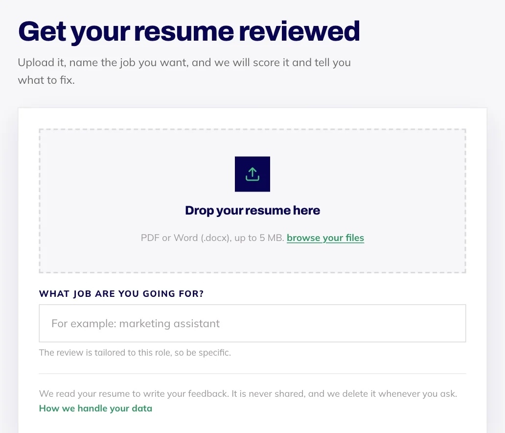 The resume review page: drop your CV in and name the job you are going for.