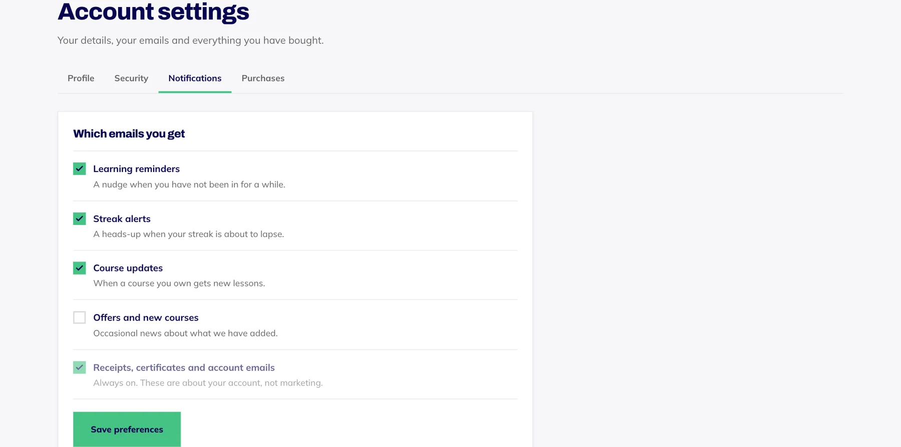 The Notifications tab in account settings: switches for each kind of email.