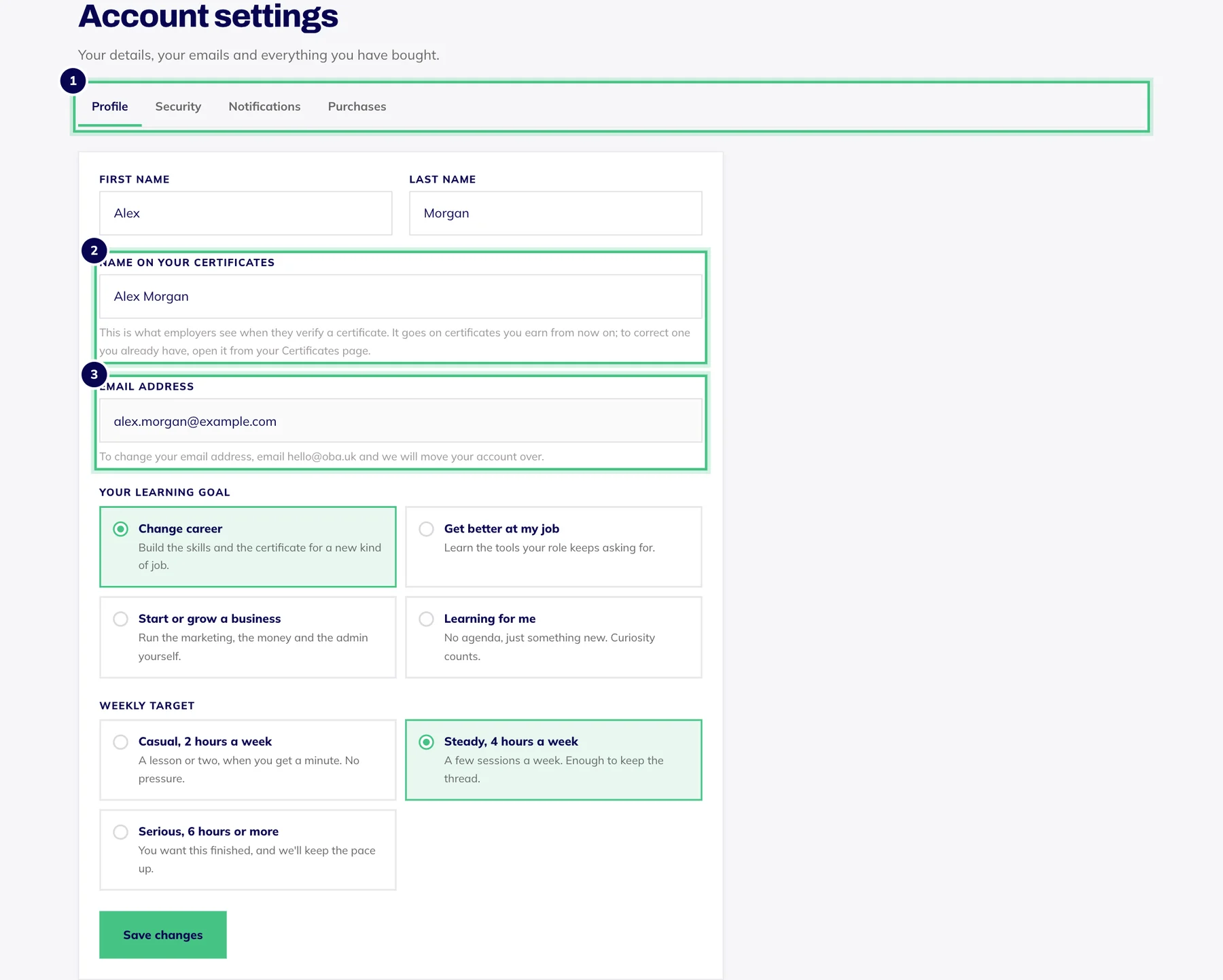Account settings on the Profile tab, with your name, the name on your certificates, your email address and your learning goal.