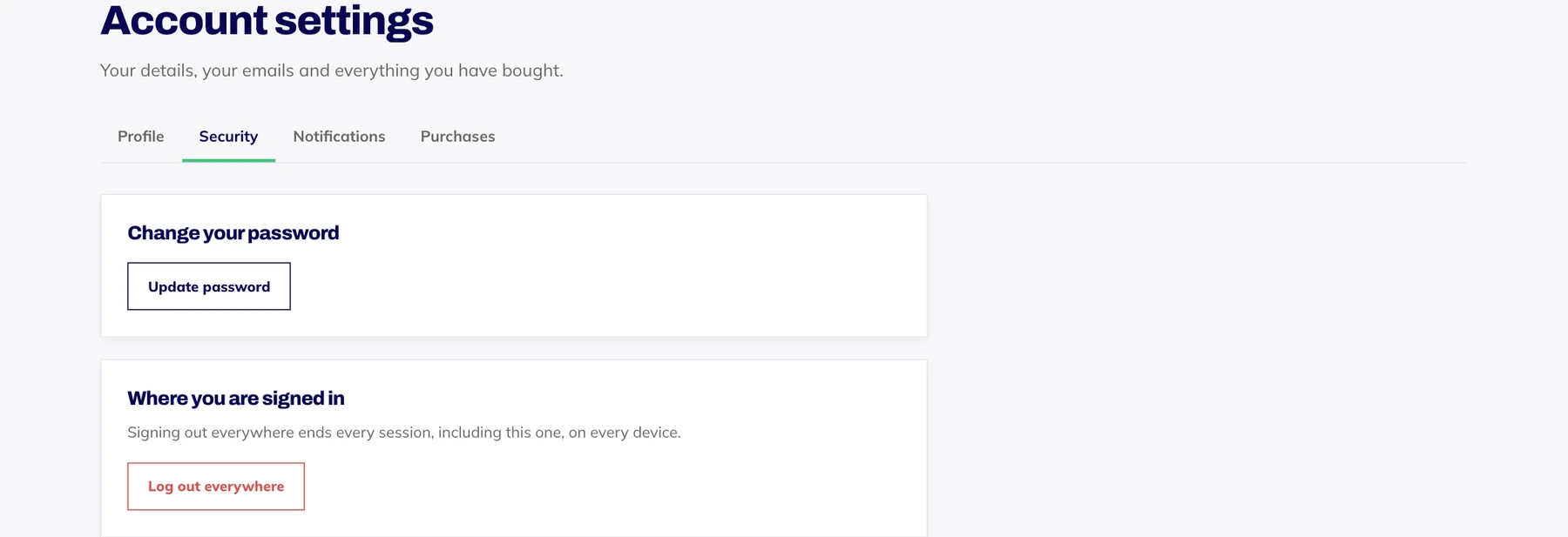 The Security tab in account settings: change your password and log out everywhere.