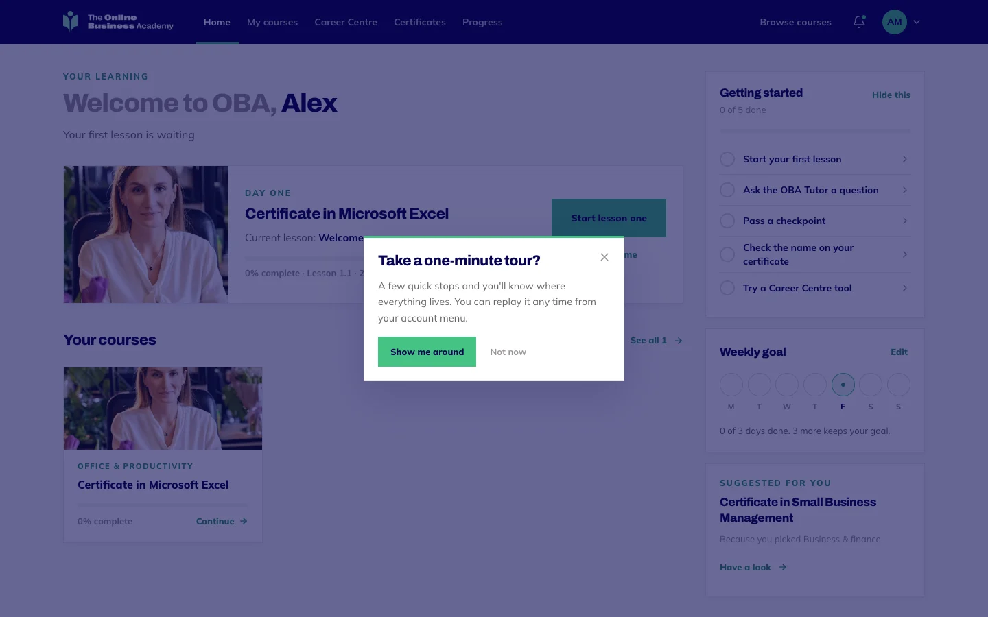 The dashboard on a first visit, dimmed behind a box offering a one-minute tour with Show me around and Not now buttons.