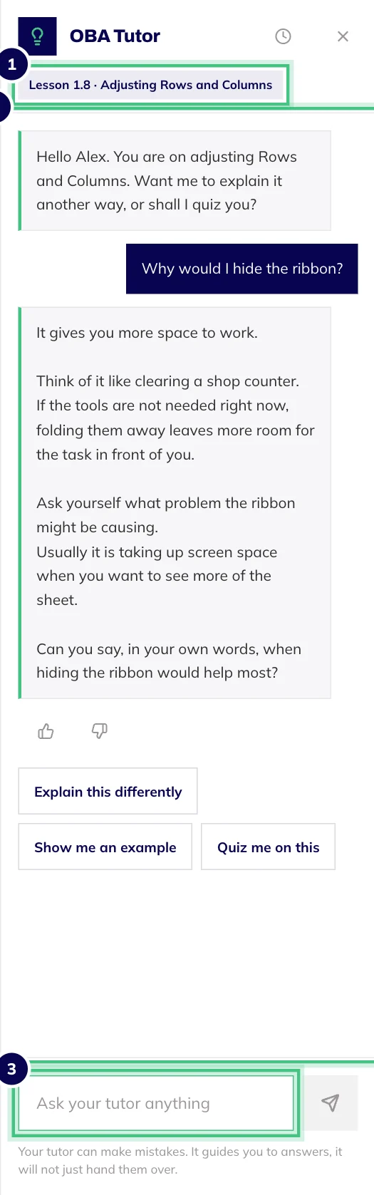 The OBA Tutor panel in a lesson: a question about the lesson, the tutor reply, suggested follow-up questions and the message box.
